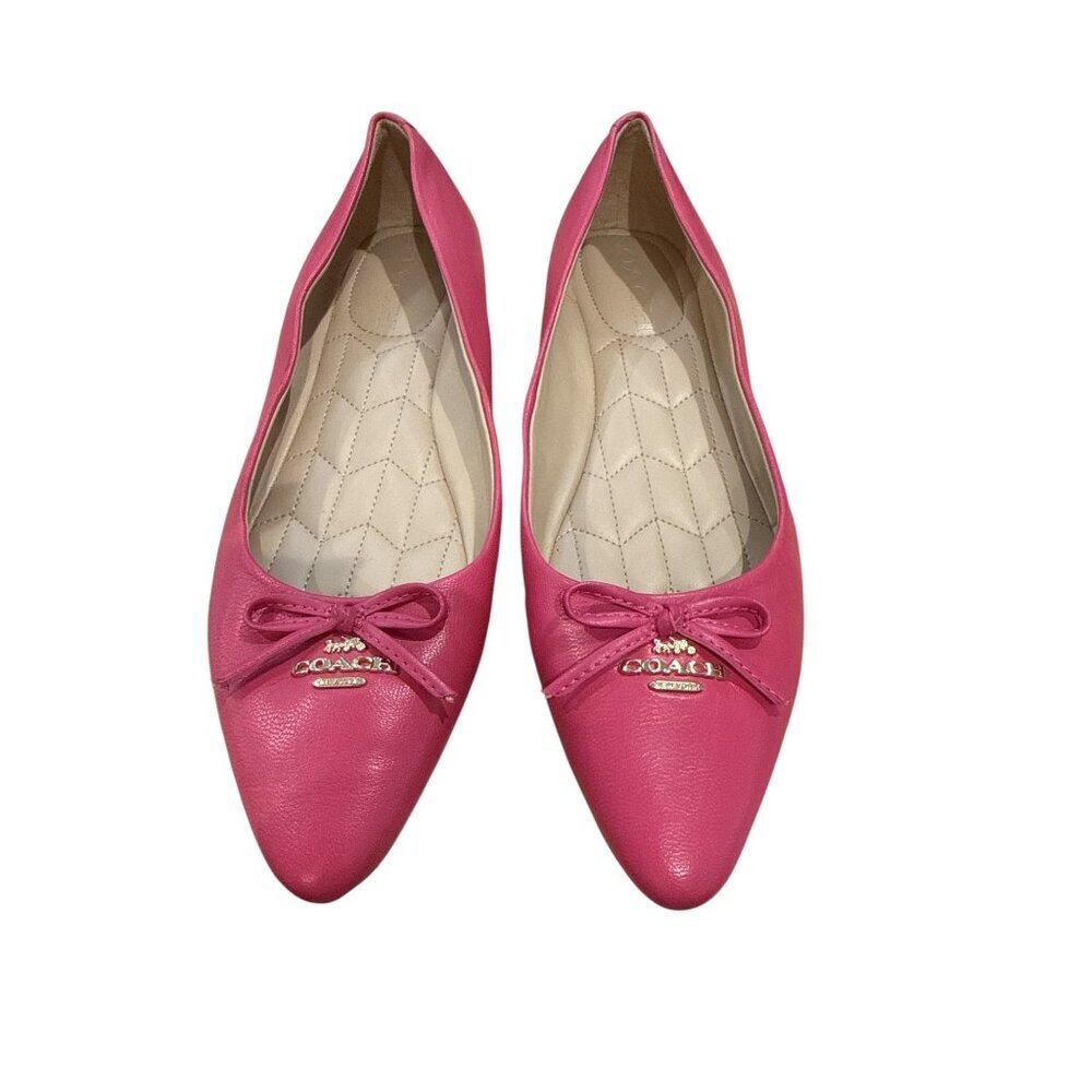 Coach Womens Pink Leather Ballet Flats Sz 5.5 Pointed Toe Bow Gold Hardware EUC